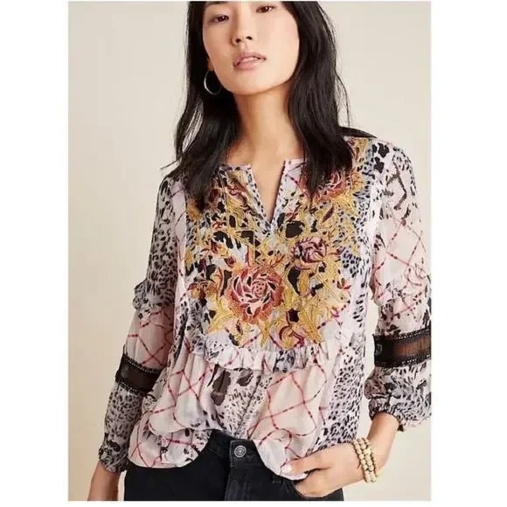 Anthropologie Womens Mathilda Balloon Sleeve Floral Mixed Print‎ Blouse Size S